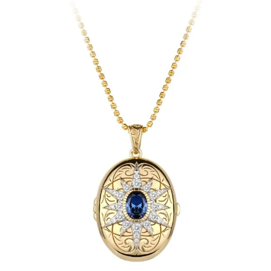 BELLUX Pendant Chain 925 Silver Gold-plated Synthetic Zircon Oval Sapphire Sunflower Mirror Necklace