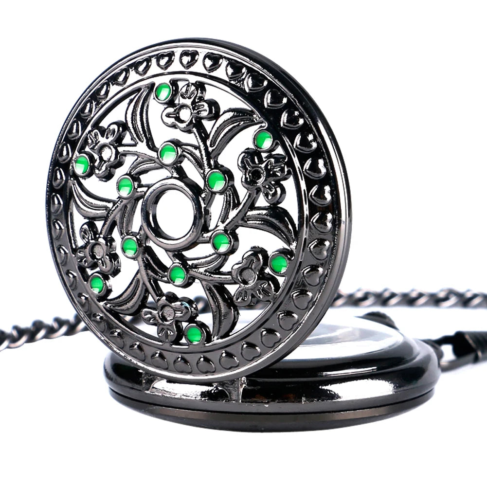 Men's Black Flower Green Dots Decor Mechanical Hand Winding Pocket Watch 30 cm Fob Chain Pendant Timepiece Antique Stylish Gift