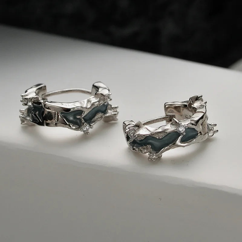 F.I.N.S S925 Sterling Silver Irregular Shaped Hoop Earrings Enamel Zircon Small Piercing Ear Buckles Retro Old Fine Jewelry