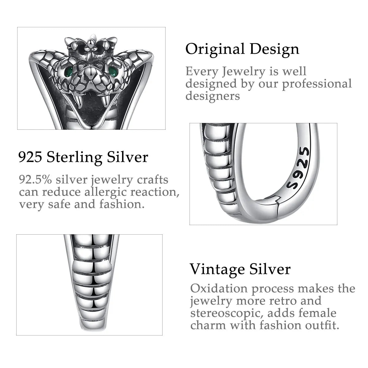 Eudora Real 925 Sterling Silver Snake Circle Earrings Round Small Hoop Retro Textures Snake Earrings For Women Man Fine Jewelry