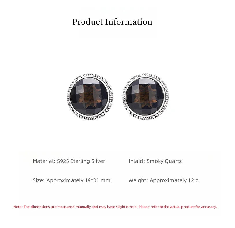 S925 Sterling Silver Studs Earring for Women Retro Edging Tangent Plane Smoky Quartz Ear Studs Fashion Classic Jewelry Wholesale