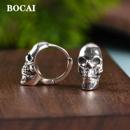 BOCAI New Real S925 Silver Ear Circle Trendy Punk Skull Design Men and Women Earrings Fashion Jewelry Accessories