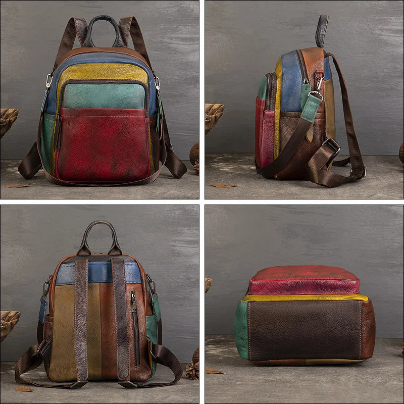 MOTAORA Women's Soft Genuine Leather Backpack Colorblock Large Capacity Travel Bag Stylish Leisure Backpack for Women Designer