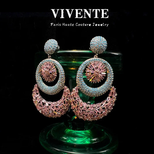 Exaggerated Vintage High-End 925 Sterling Silver Copper Embedded Diamond Plated Rhodium Geometric Fan Earrings Indian Pakistani
