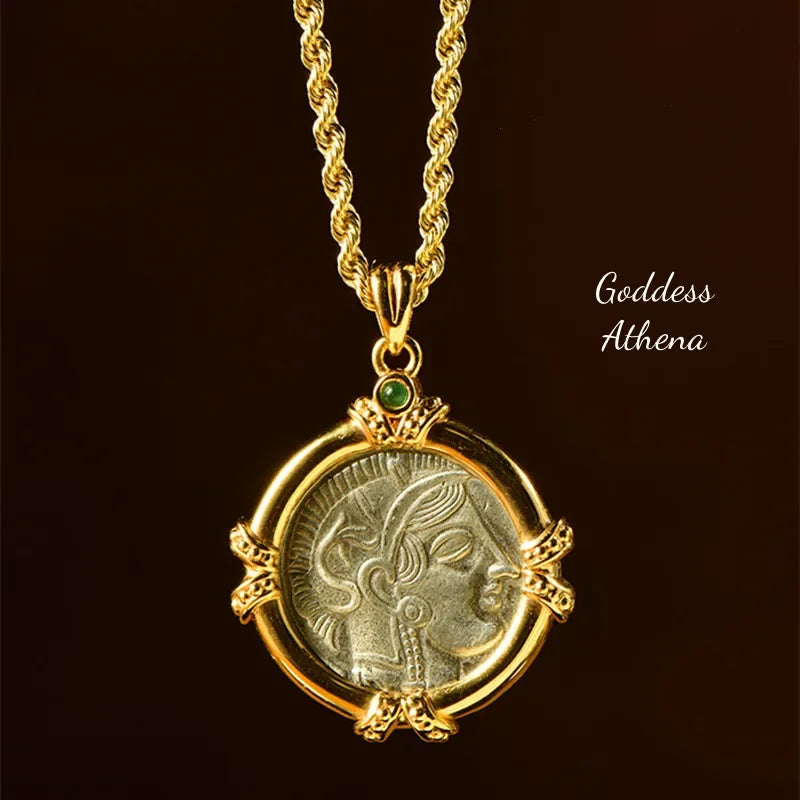TIYINUO Authentic AU750 Real 18K Real Gold Ancient Coin Athena Owl Pendant Twisted Rope Necklace Delicate Gift For Woman Jewelry