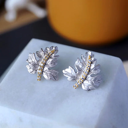 ZOCA Vintage Brushed Craft 925 Sterling Silver Thick Gold Plated Maple Leaf Stud Earrings Elegant Daily Wear Women Gift Jewelry