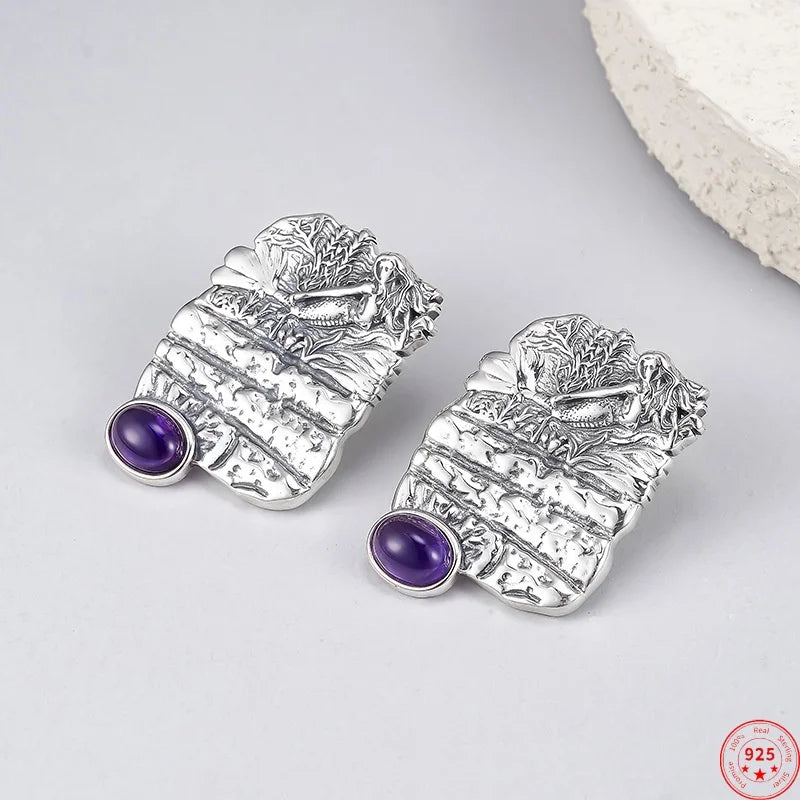 S925 Sterling Silver Stud Earrings for Women Mermaid Retro Texture Geometric Pattern Inlaid Amethyst Ear Stud Jewelry Wholesale