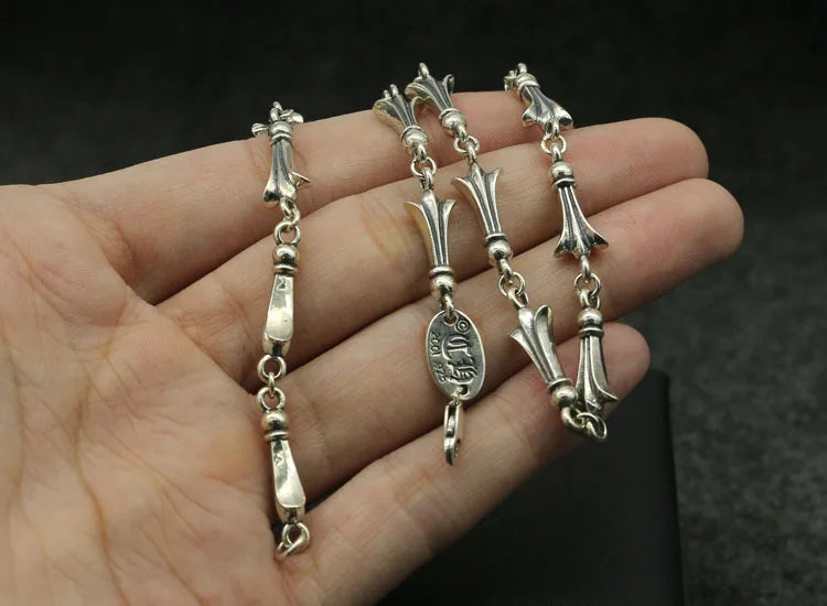 Punk hip hop925 sterling silver necklace military flower silver chain men and women trendysweater chain thai silver fan necklace