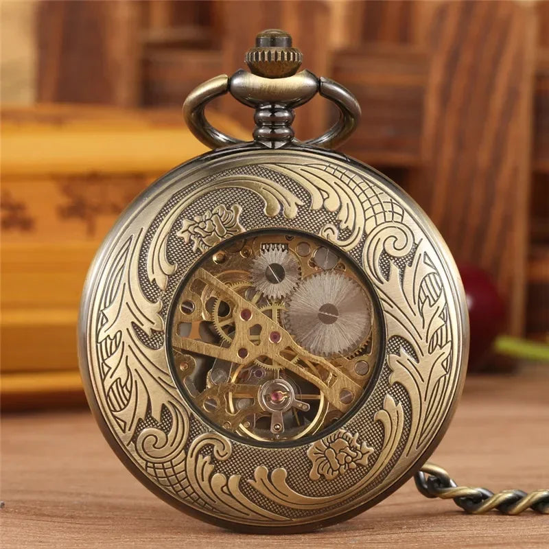 Antique Vintage Phoenix Half Hunter Clock Mechanical Hand Winding Pocket Watch for Men Women Roman Number Skeleton Fob Chain
