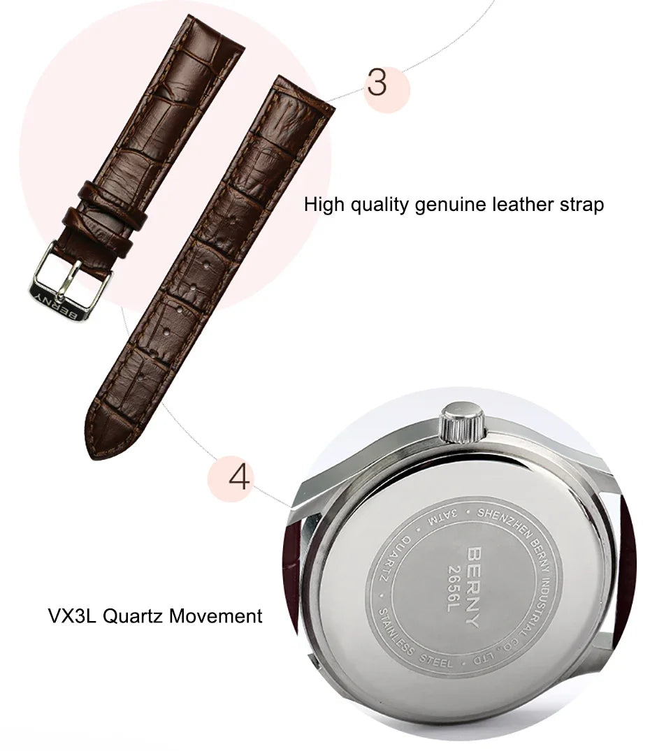 Quartz Wristwatches Calendar Clock Vintage Brown Leather Ladies Wristwatch Luxury Fashion Elegant Women Watches Waterproof 3Bar