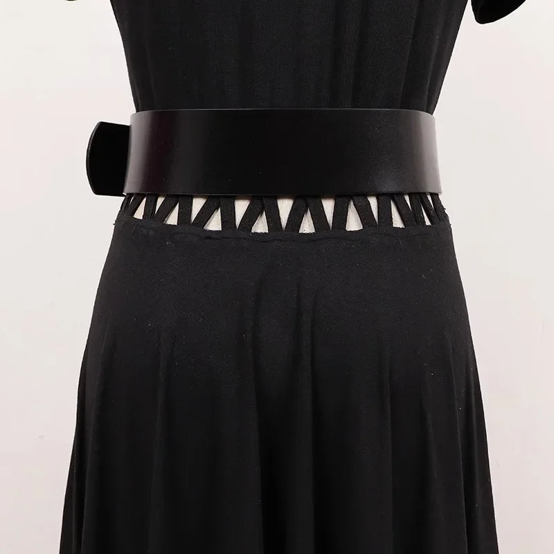 Women's Runway Fashion Black Metal Buckle Genuine Leather cummerbunds Female Dress Corsets Waistband Belts Decoration Wide Belt
