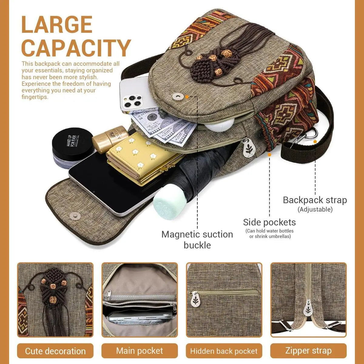 MOTAORA Handmade Women's Bohemian Backpack Vintage Canvas Mini Rucksack Ethnic Geometric Print Travel Casual Daypack Lightweight