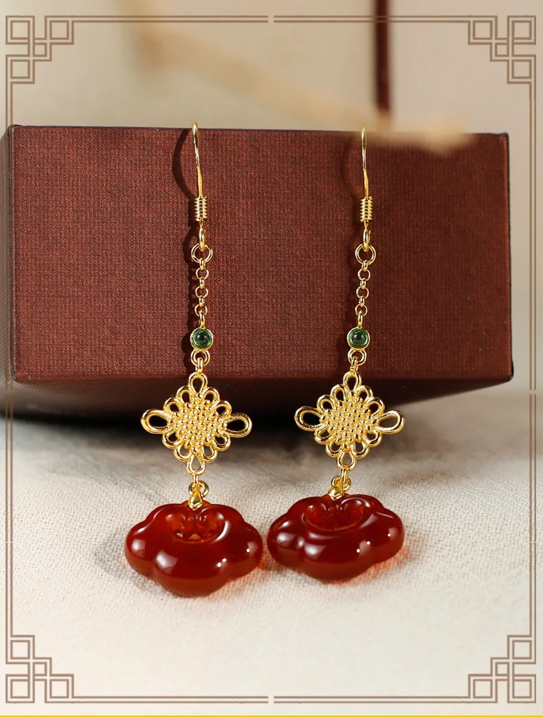 Red Agate Silver Plated Small Flower Good Luck Longevity Lock Agate Earrings Vintage Style for Cheongsam Hanfu Retro Aesthetic