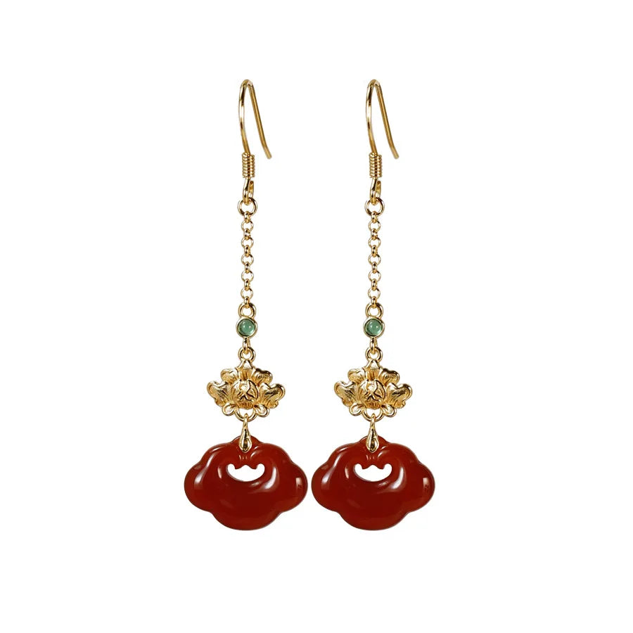 Red Agate Silver Plated Small Flower Good Luck Longevity Lock Agate Earrings Vintage Style for Cheongsam Hanfu Retro Aesthetic