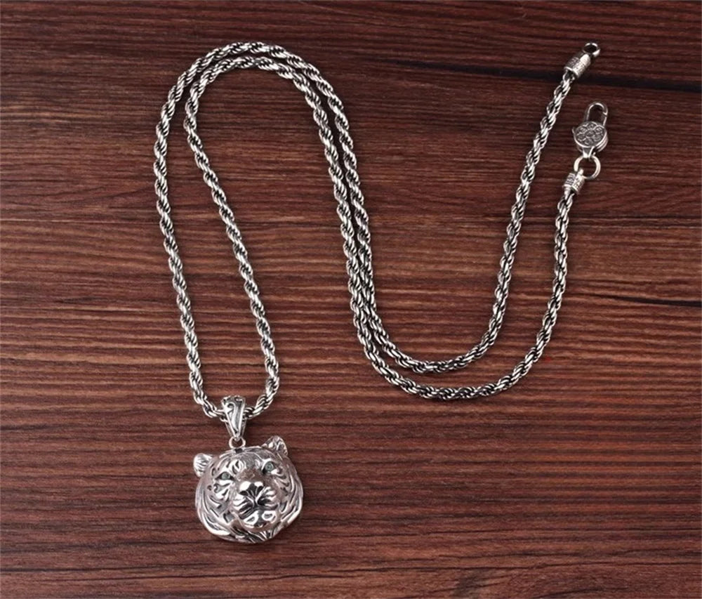 S925 Sterling Silver Charms Pendants for Women Men New Fashion Hollow Retro 3D Tiger Head Zircon Eyes Punk Jewelry Wholesale