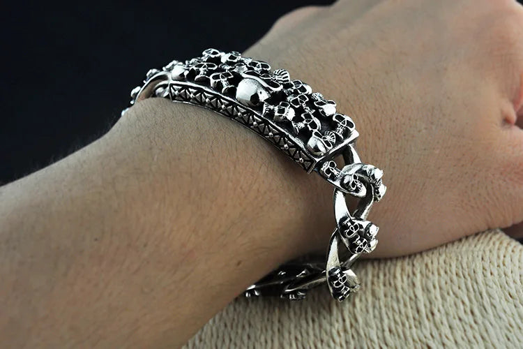 Unibabe Pure Silver Sterling 925 Silver Vintage Skull Carved Chain & Link Lock S925 Bracelet