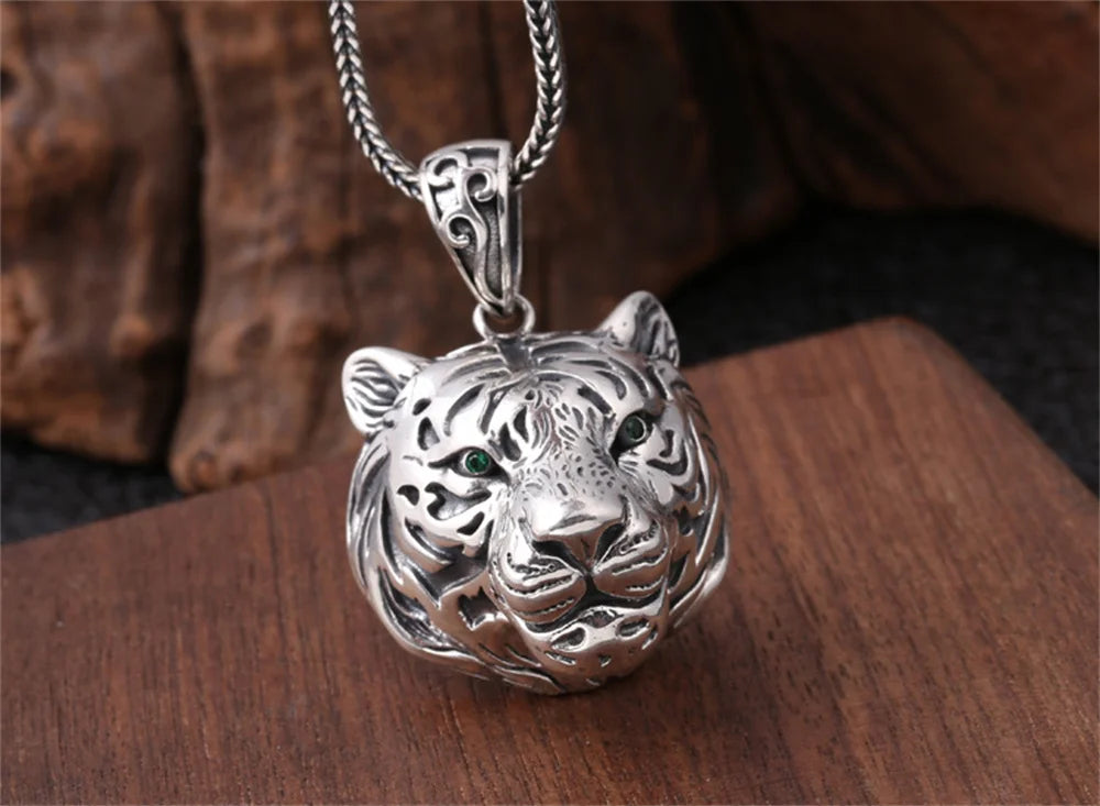 S925 Sterling Silver Charms Pendants for Women Men New Fashion Hollow Retro 3D Tiger Head Zircon Eyes Punk Jewelry Wholesale