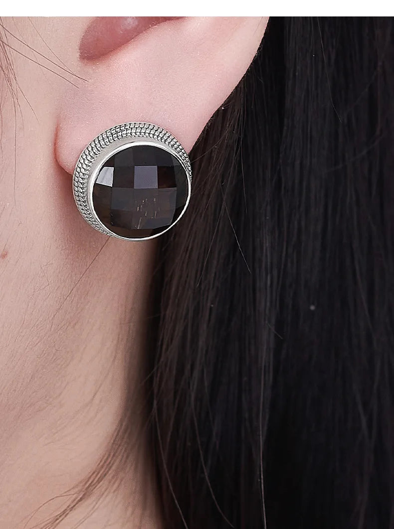 S925 Sterling Silver Studs Earring for Women Retro Edging Tangent Plane Smoky Quartz Ear Studs Fashion Classic Jewelry Wholesale