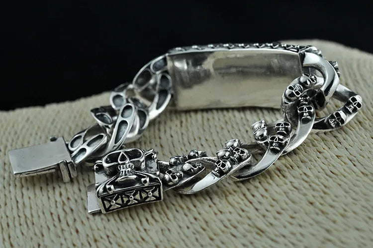 Unibabe Pure Silver Sterling 925 Silver Vintage Skull Carved Chain & Link Lock S925 Bracelet