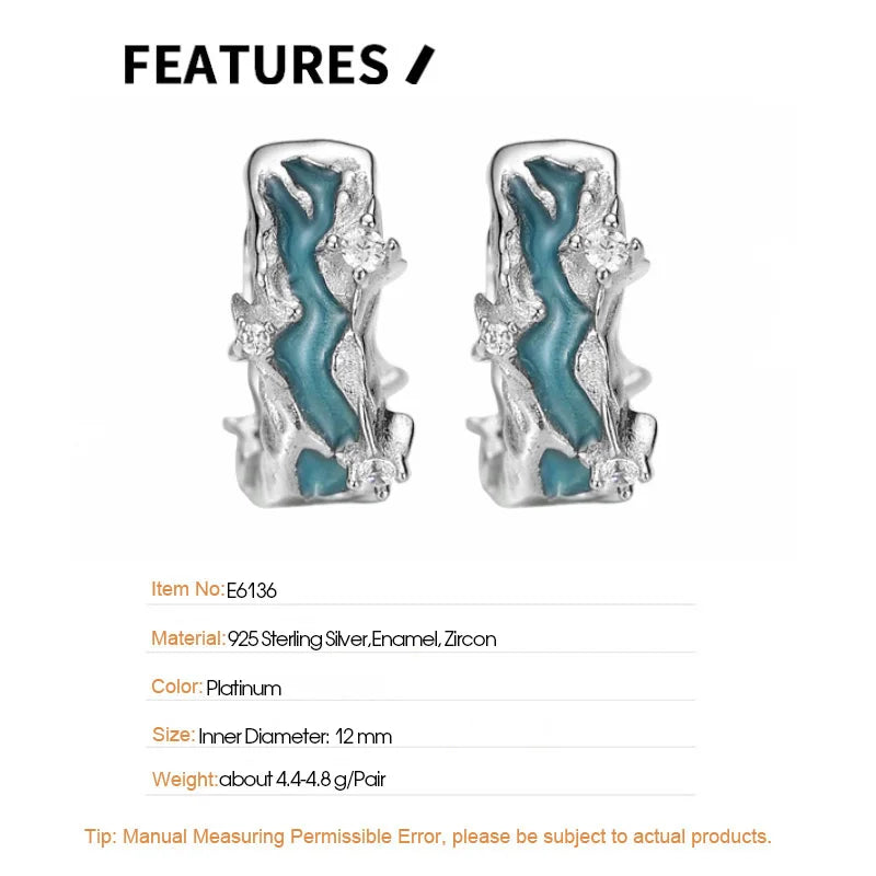 F.I.N.S S925 Sterling Silver Irregular Shaped Hoop Earrings Enamel Zircon Small Piercing Ear Buckles Retro Old Fine Jewelry