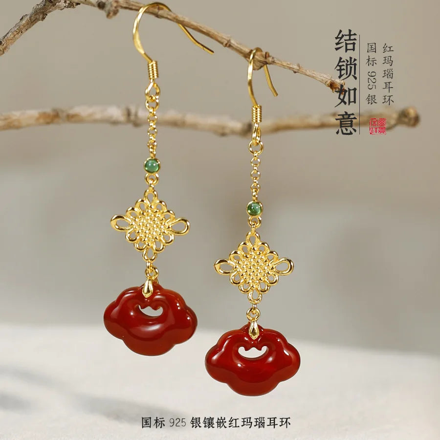 Red Agate Silver Plated Small Flower Good Luck Longevity Lock Agate Earrings Vintage Style for Cheongsam Hanfu Retro Aesthetic