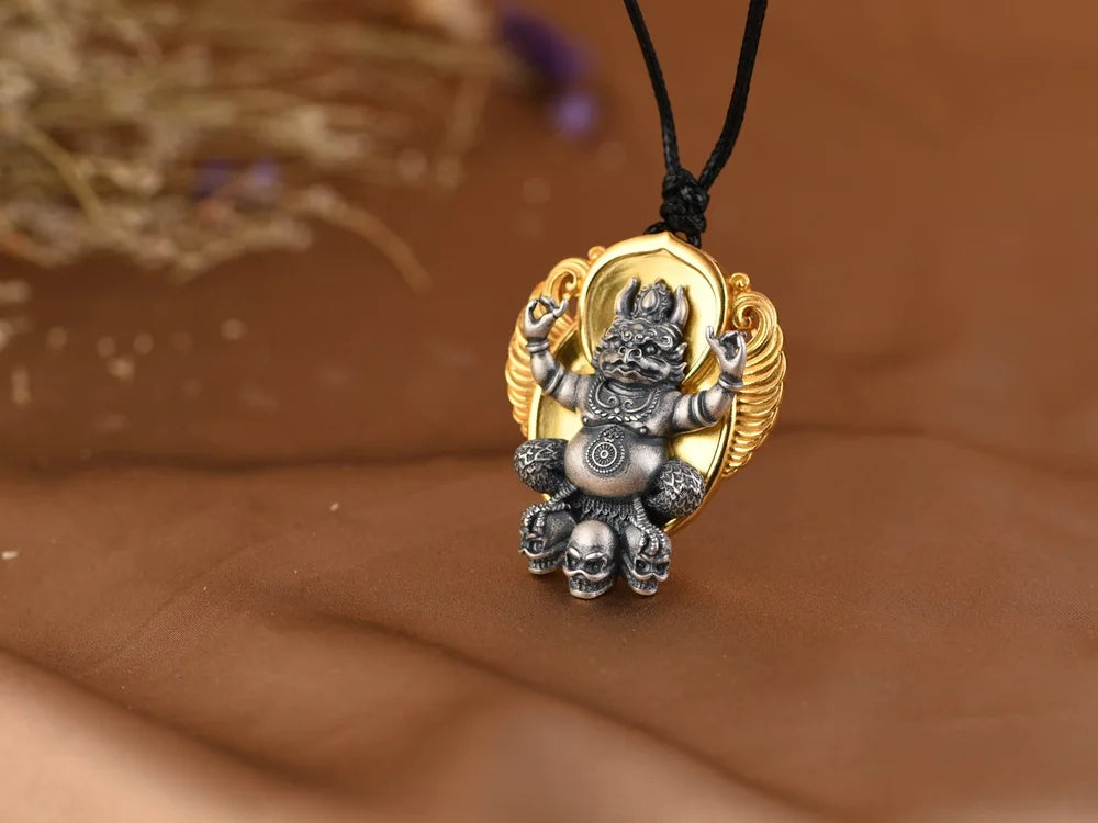 S925 Silver Pendant Necklace, Vintage Gold Flame Skull Men's Garuda Bird Chain, Gothic Statement Jewelry Gift for Men