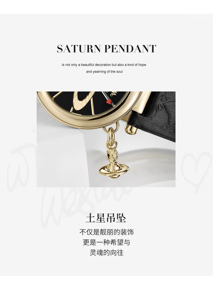 Vivienne Westwood Saturn Pendant Fashionable Exquisite Black Leather Strap Ladies' Watch