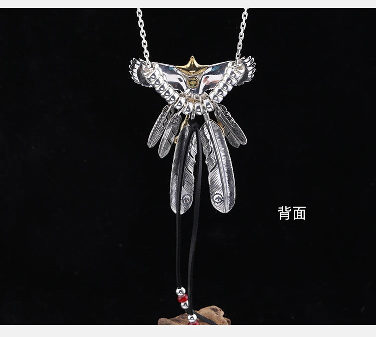 S925 Silver Bridge Feather Eagle Indian Trendy Necklace Female Sweater Chain Hip Hop Men's Pendant