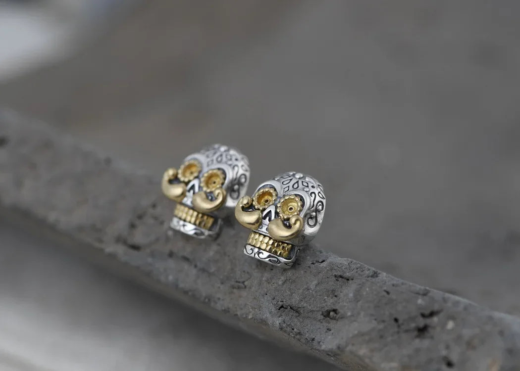 Real S925 Silver Jewelry Retro Thai Fashion Punk Style Long Beard Skull Earrings for Men