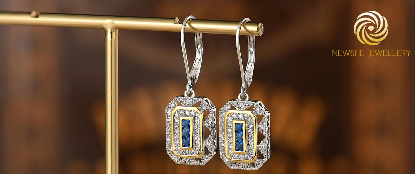 Newshe Solid 925 Sterling Silver K Gold Dangle Drop Earrings for Women Sapphire White AAAAA CZ Vintage Jewelry JE1581