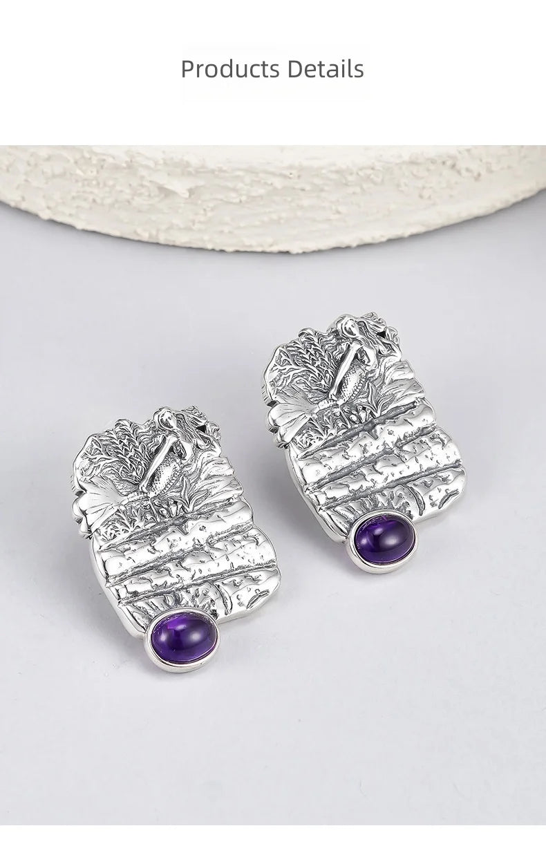 S925 Sterling Silver Stud Earrings for Women Mermaid Retro Texture Geometric Pattern Inlaid Amethyst Ear Stud Jewelry Wholesale