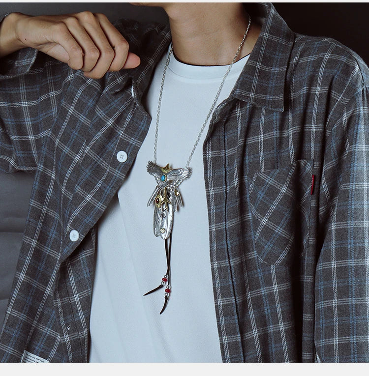 S925 Silver Bridge Feather Eagle Indian Trendy Necklace Female Sweater Chain Hip Hop Men's Pendant