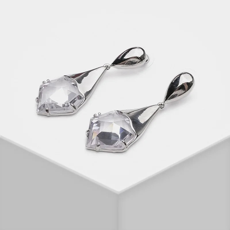 European and American vintage metal fashion French women multi-faceted cut zircon heavy texture gold and silver earrings