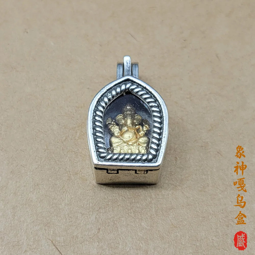 Non Pure Elephant God Gawu Box Tibetan Silver Plated Necklace Pendant DIY Cultural And Buddhist Bead Side Hanging Accessory