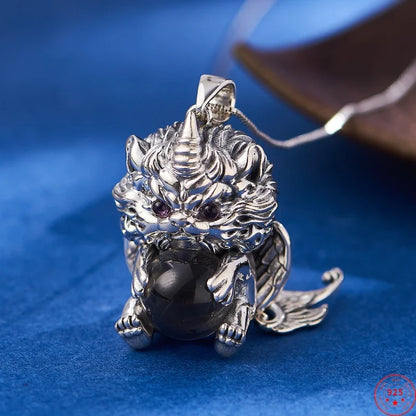 S925 Sterling Silver Pendant for Women Men Retro Wealth Mascot Pixiu Inlaid Rock Crystal Balls Charm Fashion Jewelry Wholesale