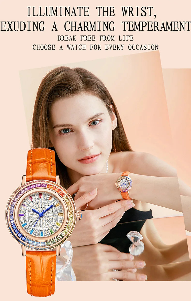Women Fashion Quartz Watch Light Luxury Brand All Sky Star Leather Strap Diamond Jewelry Crystal Ladies Wristwatches Gift