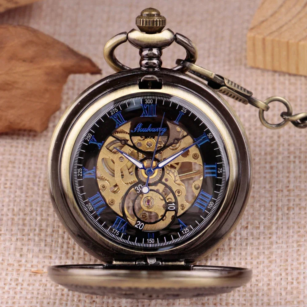 Antique Hollow Roman Number Gear Wheel Design Mechanical Pocket Watch Retro Pendant Clock Gifts for Men Women