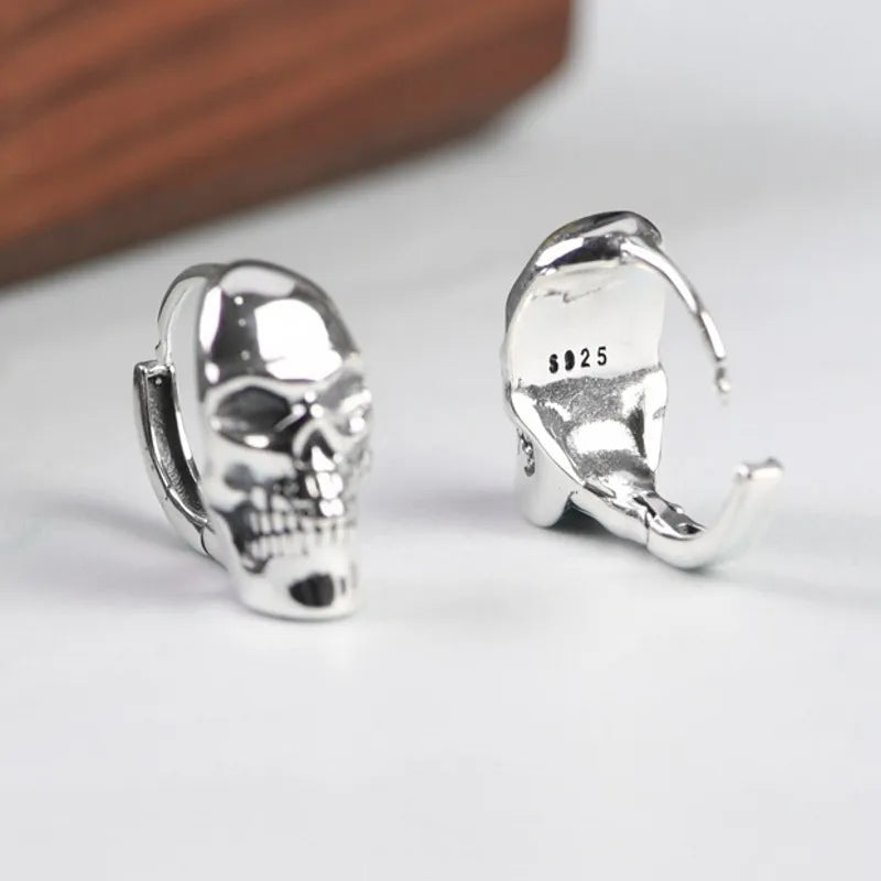 BOCAI New Real S925 Silver Ear Circle Trendy Punk Skull Design Men and Women Earrings Fashion Jewelry Accessories