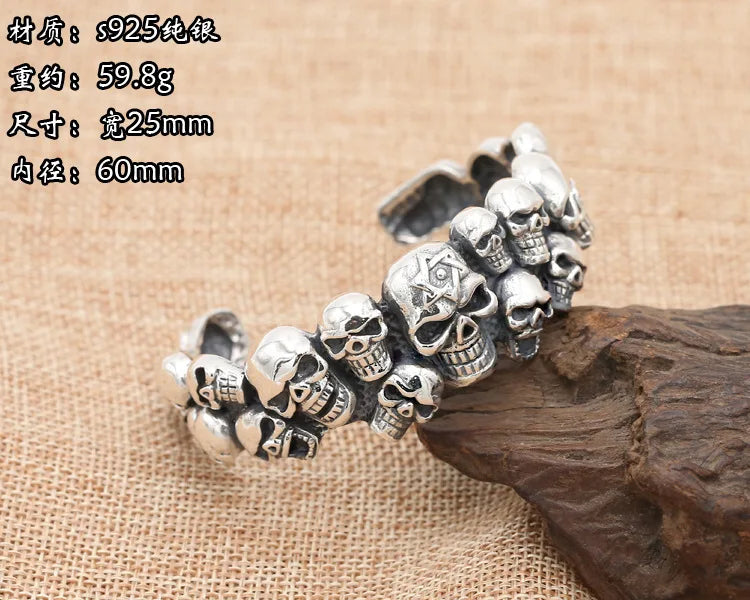 S925 sterling silver jewelry retro thai silver domineering men skull trendy punk style open bracelet