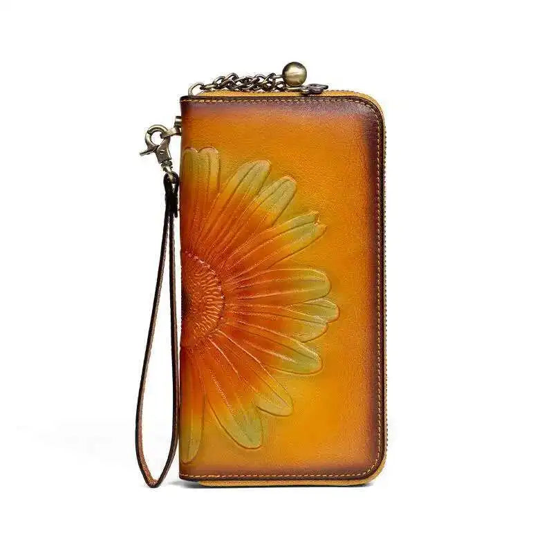 MOTAORA Women's Leather Wallet Handmade Cowhide Clutch Purse Long Zipper Card Holder Retro Painting First Layer Genuine bag