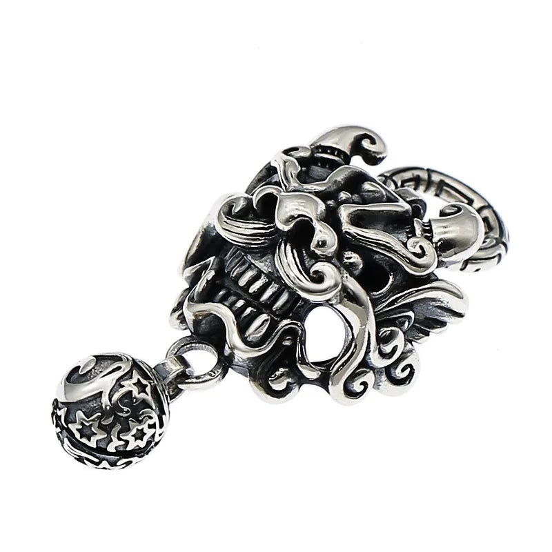 BOCAI New  Pure S925 Silver Vintage Thai Chinese Style Tang Lion Bell Pendant for Man Good Luck Jewelry Accessories