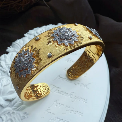 BELLUX S925 Silver Plated K Gold Vintage Texture-Engraved Gold Hollow Wide Fine Jewelry Open Bracelet