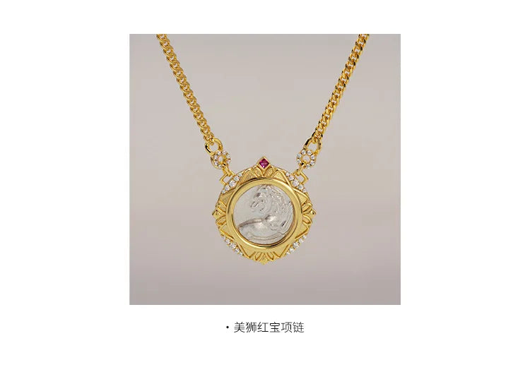 Retro Sterling Silver Necklace For Women's 925 Silver Electroplated 18K Gold Lion Red Treasure Ancient Coin Necklace