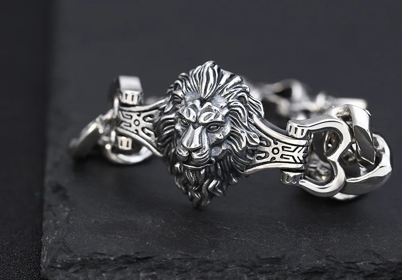 s925 sterling silver ornament retro personality all match trendy fashion Thai silver domineering lion's head bracelet for men