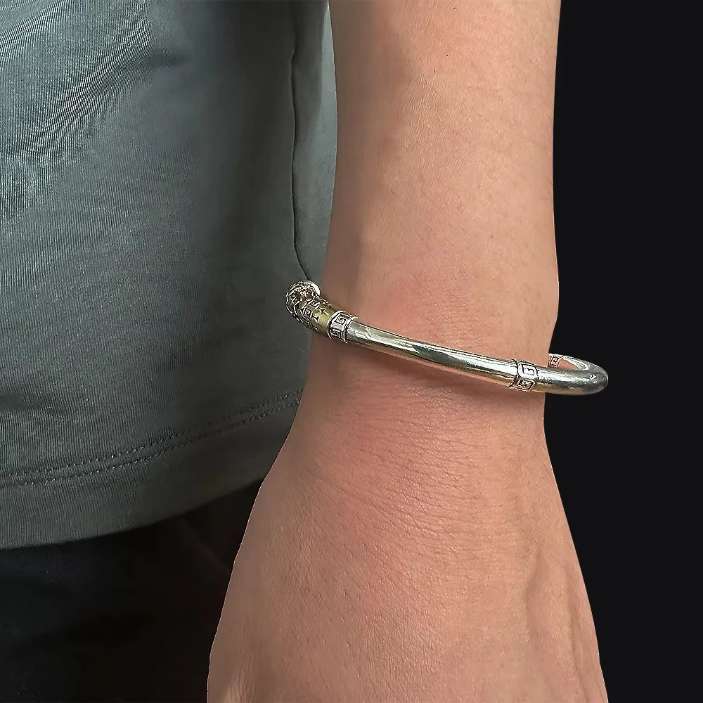 925 Sterling Silver Wukong Ruyi Golden Cudgel Bangle Bracelet for Men Six Words Mantra Engraved Fashion Vintage Jewelry