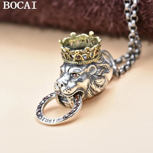 BOCAI New S925 Silver Vintage Fashion Seiko Lion Pendant Men and Women Gift