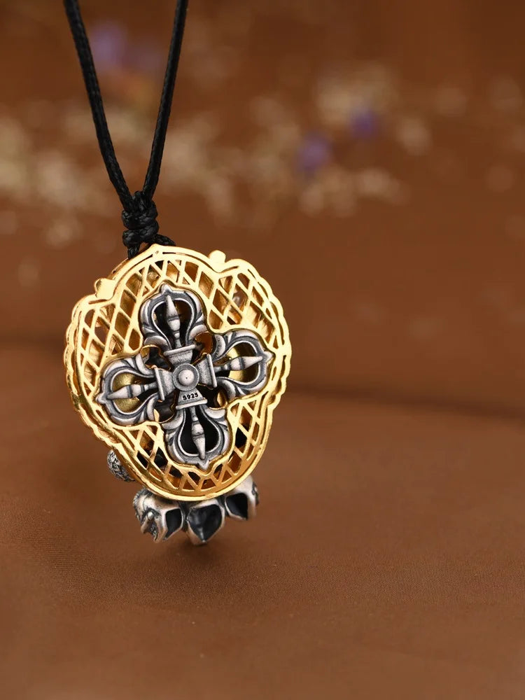 S925 Silver Pendant Necklace, Vintage Gold Flame Skull Men's Garuda Bird Chain, Gothic Statement Jewelry Gift for Men
