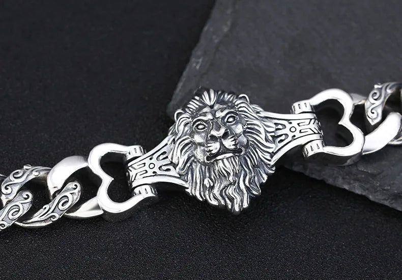 s925 sterling silver ornament retro personality all match trendy fashion Thai silver domineering lion's head bracelet for men