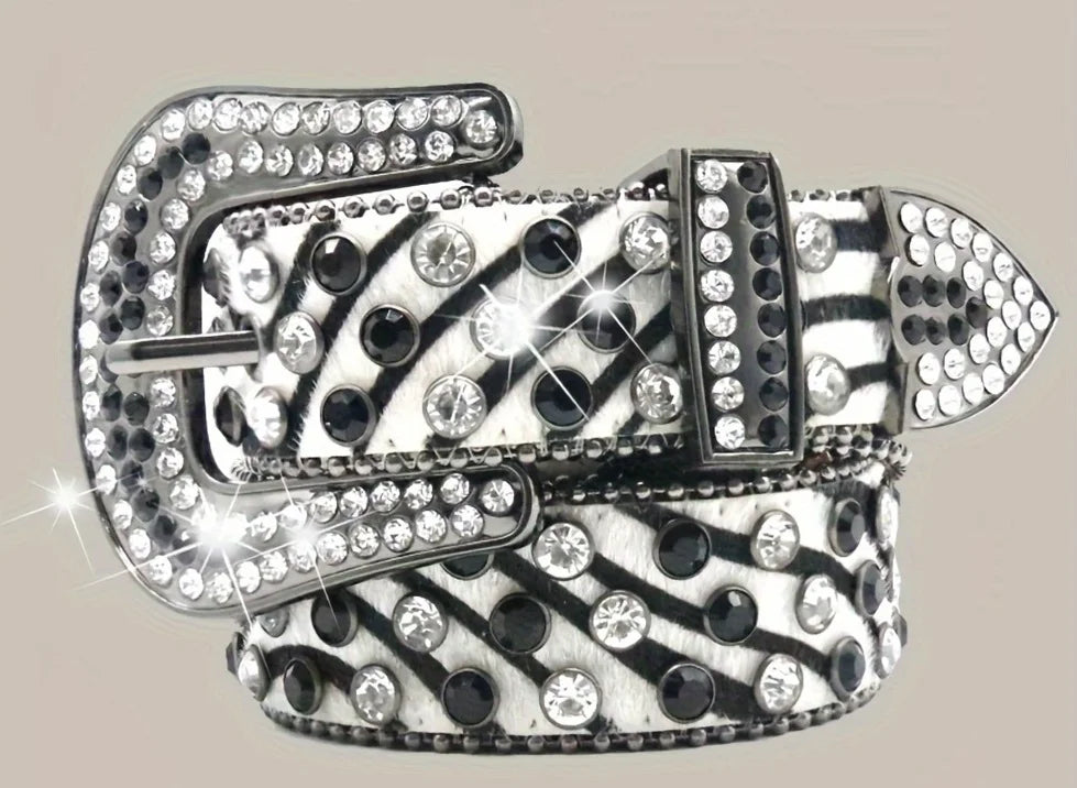 Unisex New Arrival Punk Style Leopard Zebra Print Rhinestone Belt With Alloy Buckle Y2K Belt For Men Women Faux Leather