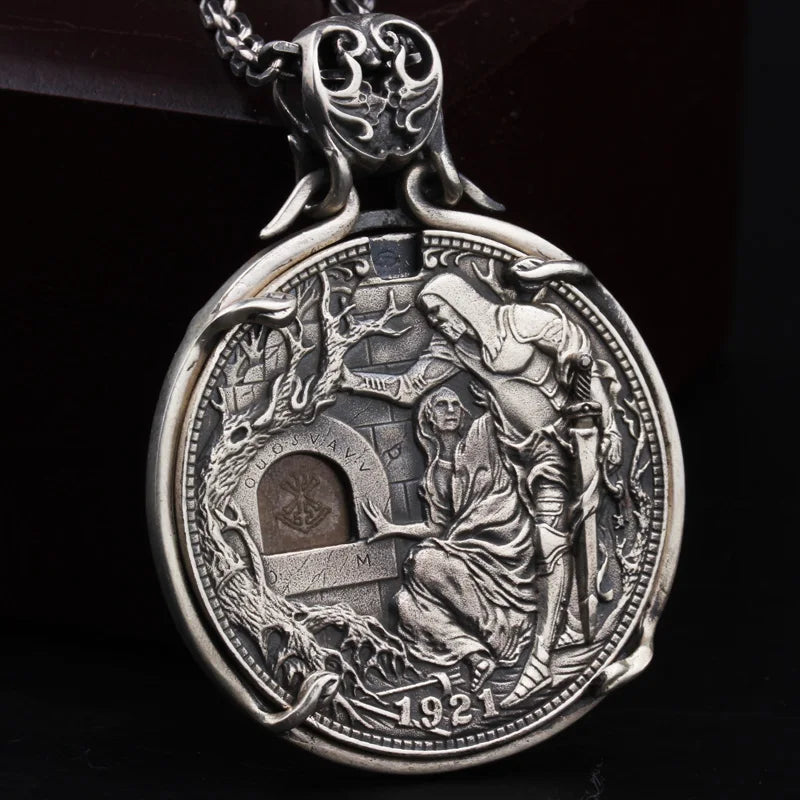Man Women Necklace Pendant Real 925 Sterling Silver Holy Grail Knight Mechanism Coin Luxury Designer Fine Jewelry 2024 New In P7